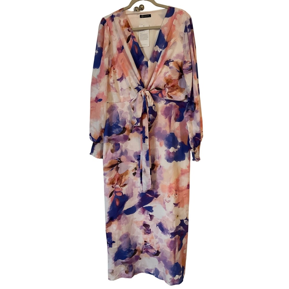 PrettyGarden Floral V-Neck Maxi Dress XL Long Sleeve Tie Front Watercolor Pink